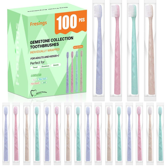 Fresings 100 Pack Premium Disposable Toothbrush with Tongue Scraper – Individually Wrapped Bulk Travel Toothbrushes, Soft Bristles for Guests, Hotel, Vacation Rental, Home & On The Go,4 Colors