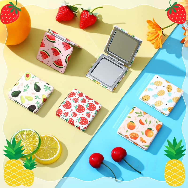 Vicenpal Compact Mirror Small Pocket Fruit Design Mini Magnifying Portable Makeup Compact PU Leather Double Sidepocket Mirror for Mother's Day Women Party Baby Shower Gifts(Square Style)