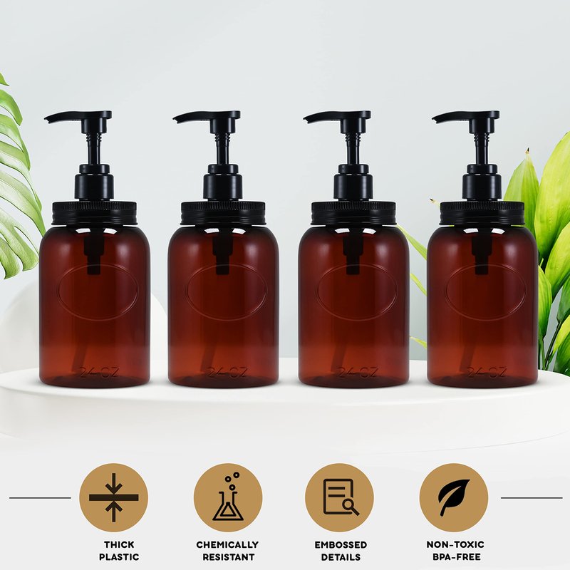 Bottiful Home-24 oz Plastic Refillable Wide-Mouth Jar Style Pump Bottle Dispenser Set of 4 for Thick Liquids (Amber)