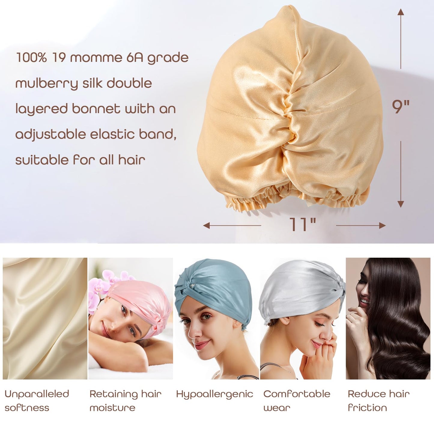 SereLune 100% Mulberry Silk Bonnet Sleep Cap, Double Layer Silk Turban/Bonnet, Shower Cap, Fit for Night Hair Care, 9 Colors (Silver, Adjustable Band+Strap)