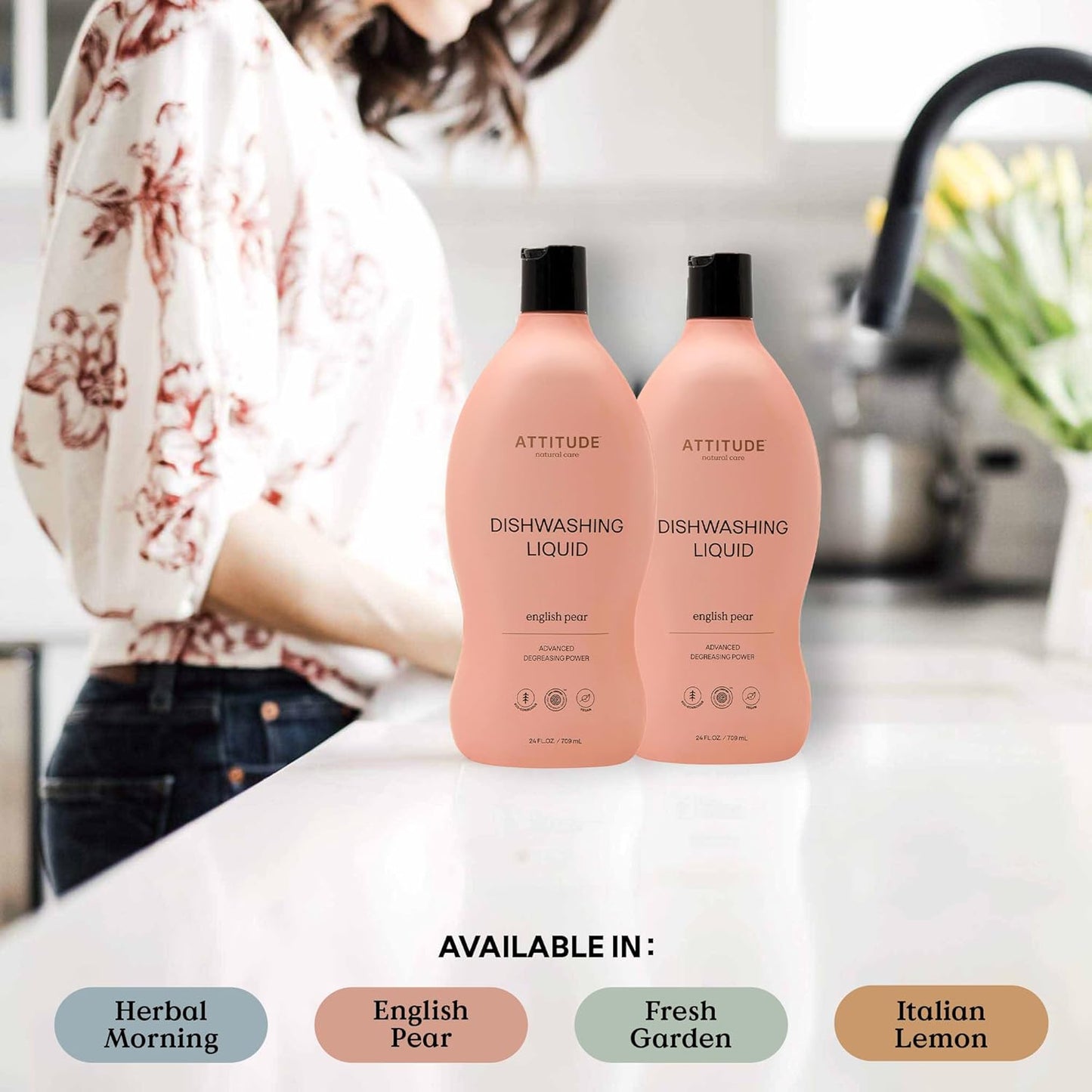 ATTITUDE Dish Soap - Plant-Based Vegan Dishwashing Liquid | EWG Verified, English Pear Scent, 24 Fl Oz