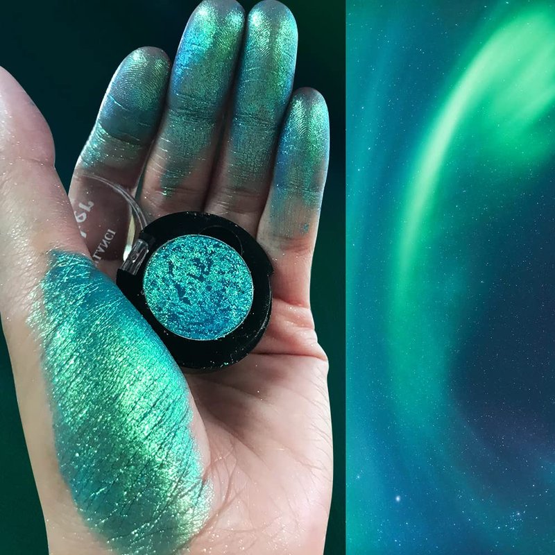 Afflano Single Green Eyeshadow Shimmery, Highly Pigmented Multichrome Eye shadow Color Changing, Sparkle Forest Green Glitter Eyeshadow Palette, Holographic Emerald Chrome Eye Shadow for Eye Makeup