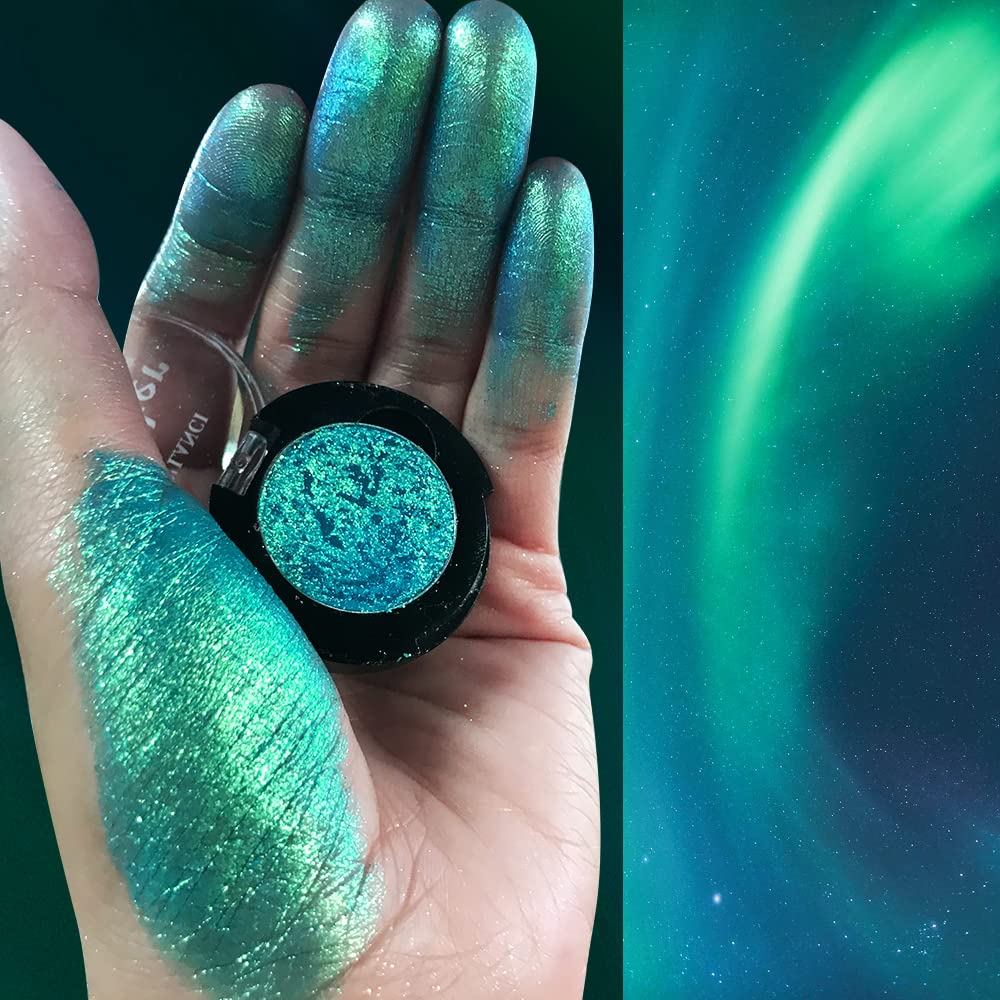 Afflano Single Green Eyeshadow Shimmery, Highly Pigmented Multichrome Eye shadow Color Changing, Sparkle Forest Green Glitter Eyeshadow Palette, Holographic Emerald Chrome Eye Shadow for Eye Makeup
