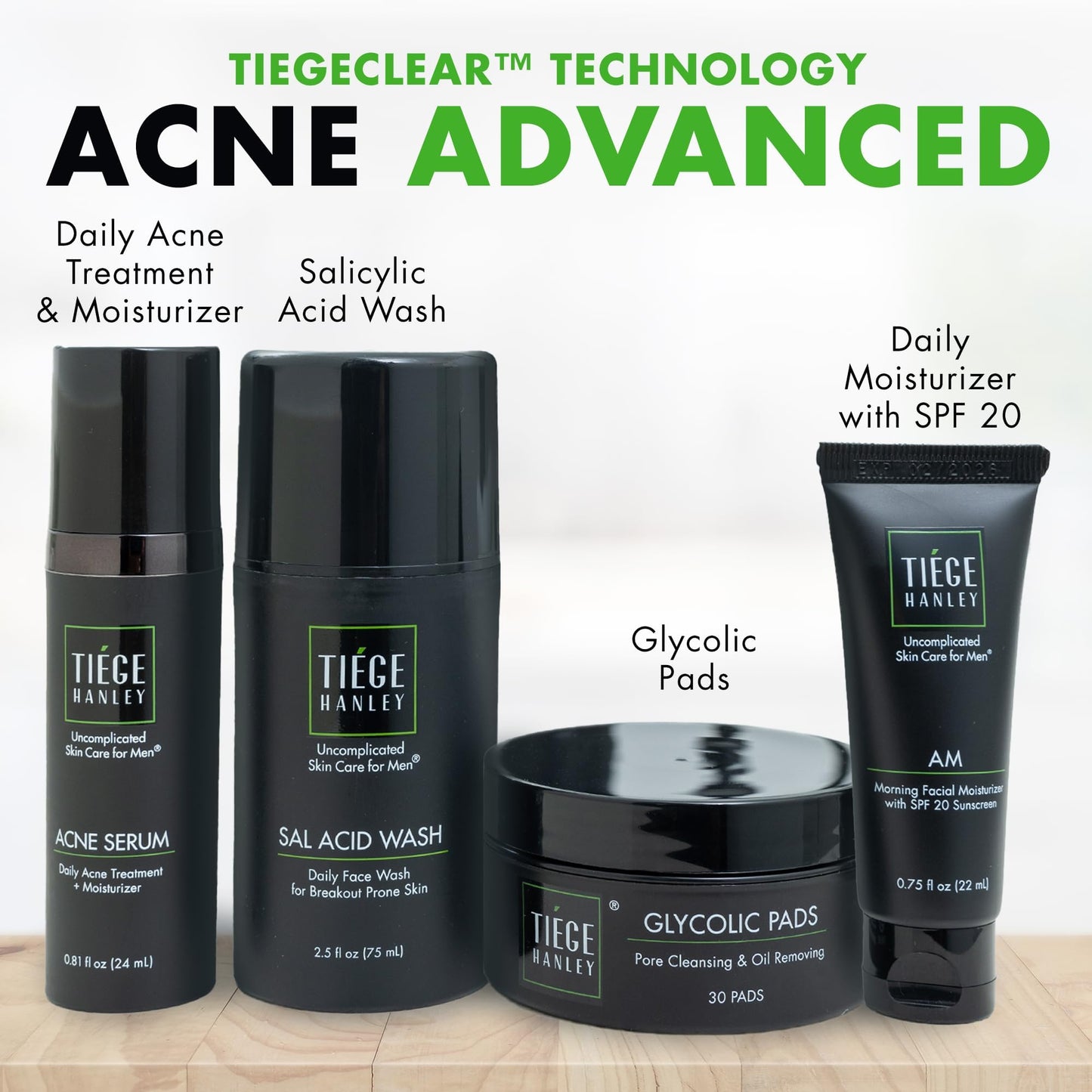 Tiege Hanley Acne Treatment Skin Care Set for Men, System Level 2, Tiegeclear Advanced Routine With Salicylic Acid Wash, Glycolic Acid Pads, Serum & Daily Moisturizer, Men’s Skin Care, 4 Piece Kit