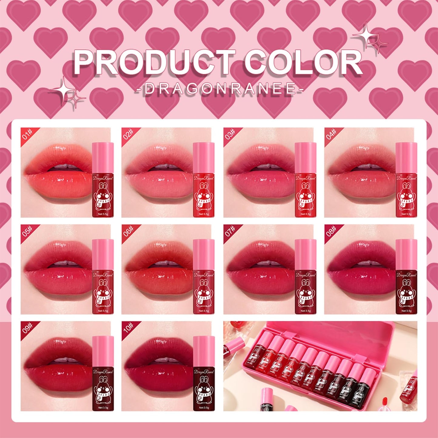 Eakroo 10 Colors Lip Tint Stain, Lip Stain Long Lasting Waterproof, Lip Gloss Set, Korean Lip Tint, Moisturizing Korean Lip Gloss for Women, Lipstick Long Lasting, Lip Gloss Bulk, Kawaii Mini Makeup