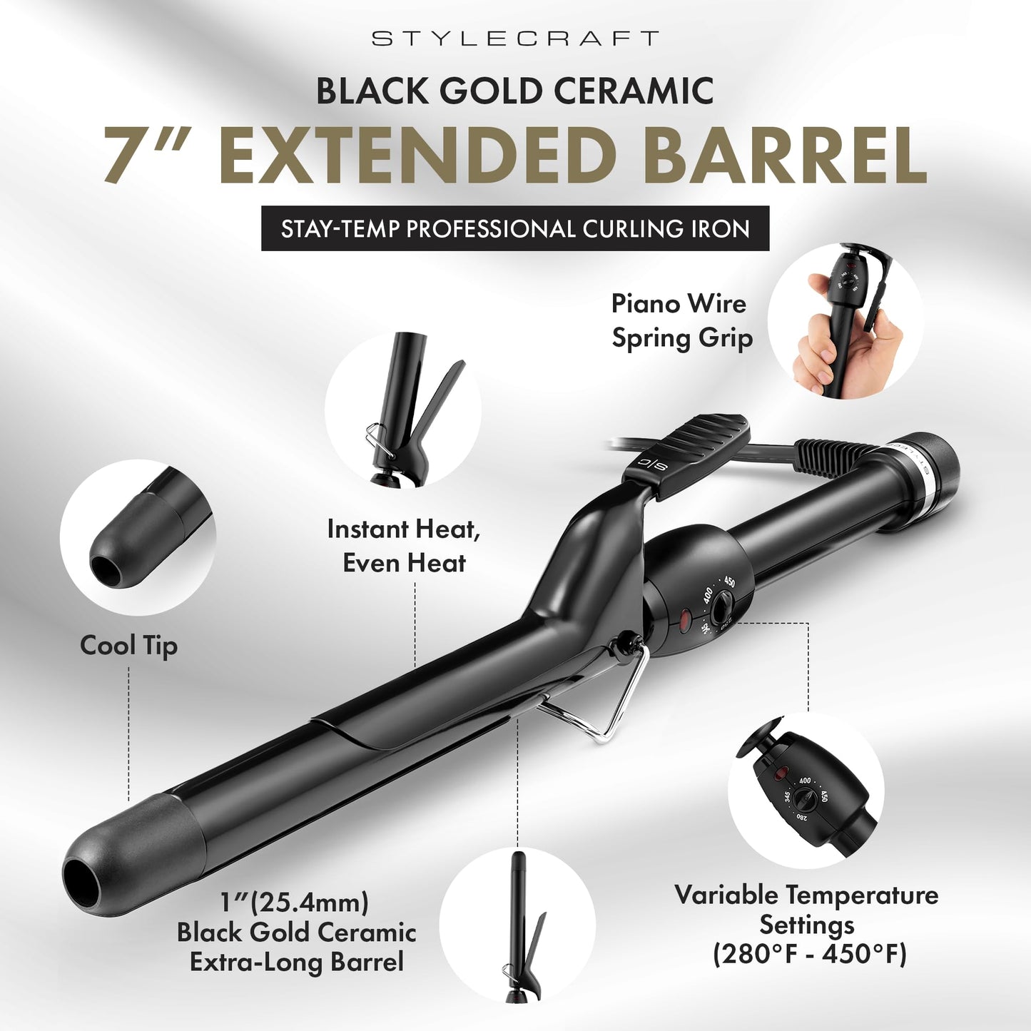 StyleCraft Stay-Temp Black Gold Ceramic Extended Barrel Curling Iron (1-inch)