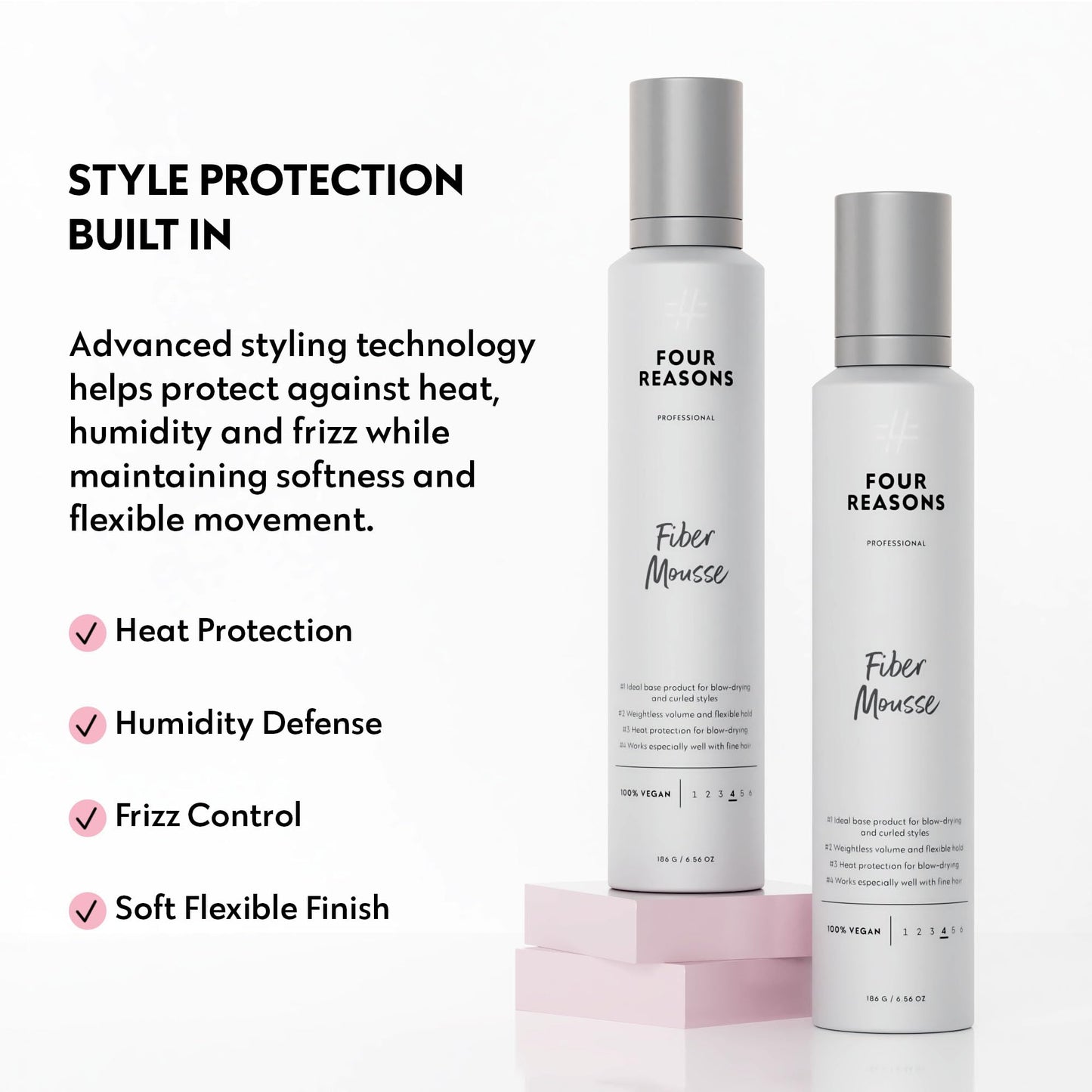 FOUR REASONS Professional Fiber Mousse for Curly Hair - Volumizing Long-lasting Flexible Hold for Curly, Wavy and Straight Hair, VEGAN Curl Mousse, 5 Oz