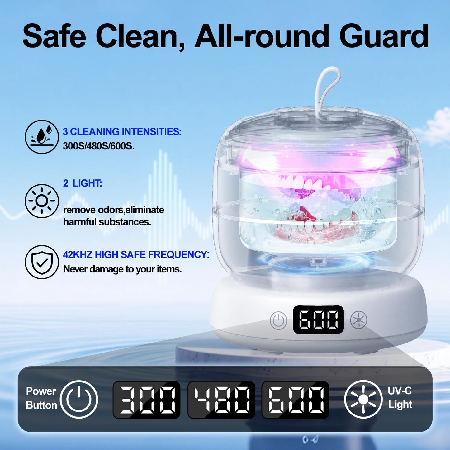 IPX7 Waterproof Ultrasonic Retainer Cleaner Machine, Split-Design Denture & Jewelry Cleaner with Dual UV-C, 3 Timer Modes for Invisalign, Aligners, Mouth Guards, Night Guards & Dentures (White)