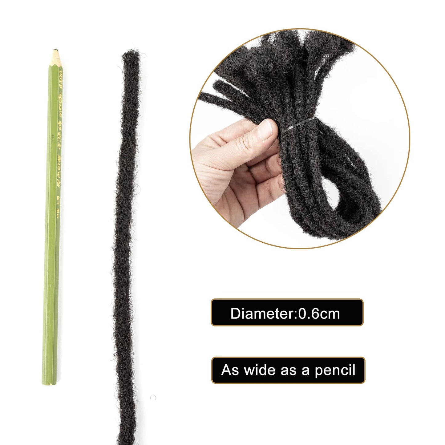 Real Human Hair Dreadlock Extensions - 8 Inch, 0.6cm Thickness | 20 Strands in Natural Black