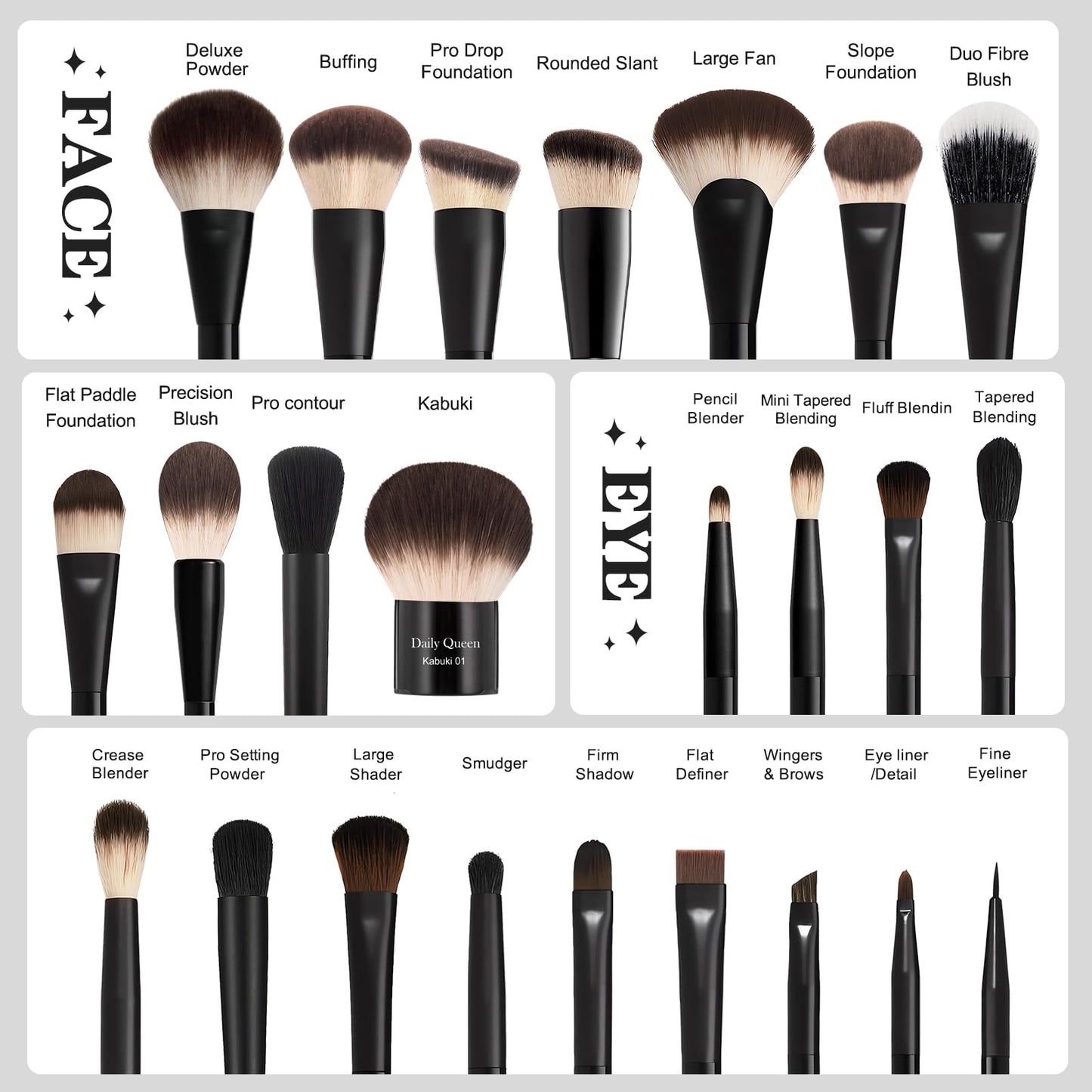 25 pcs Makeup Brush Set Holder Black Professional Kabuki Powder Concealers Eye shadows Blush Eyeliner Eyebrow Contour Eye blending Brushes (25pcs brush with box)