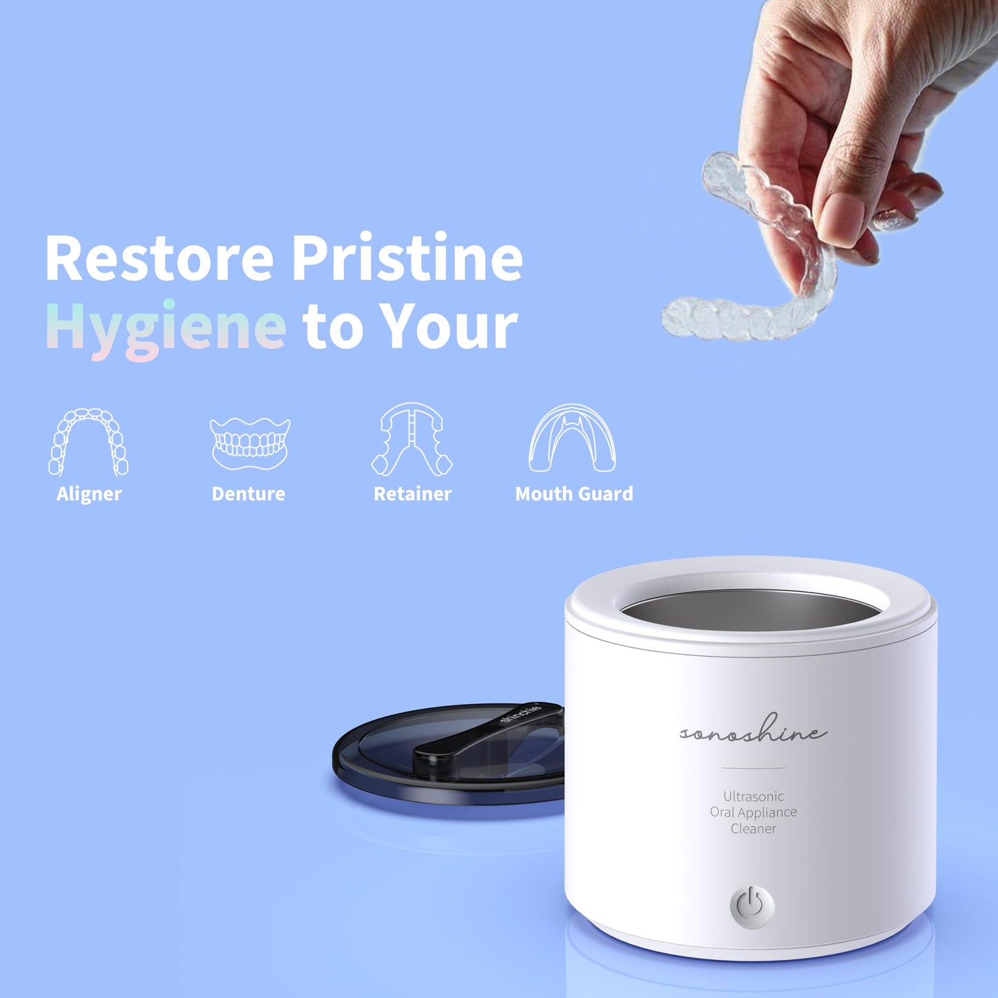 Shinchie Ultrasonic Retainer Cleaner – Auto-Adjust 39-48kHz Sonic Retainer Cleaner Machine for Aligner, NightGuard, Mouth Guard, Denture & More | Easy & Quiet