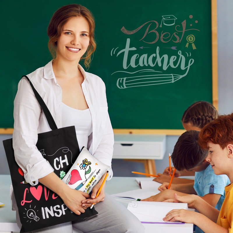 Blosssound 12 Pcs Teacher Appreciation Gift for Women Canvas Tote Bag Thank You Teacher Cosmetic Makeup Bag(Dark)