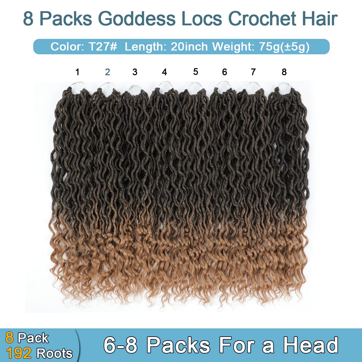 Goddess Locs Crochet Hair - 8 Packs 20 Inch Curly Faux Locs for Black Women, Crochet Pre-Looped Curly Hair Soft Faux Locs Synthetic Braiding Hair Extensions (20 Inch, 8 Packs, T27#)