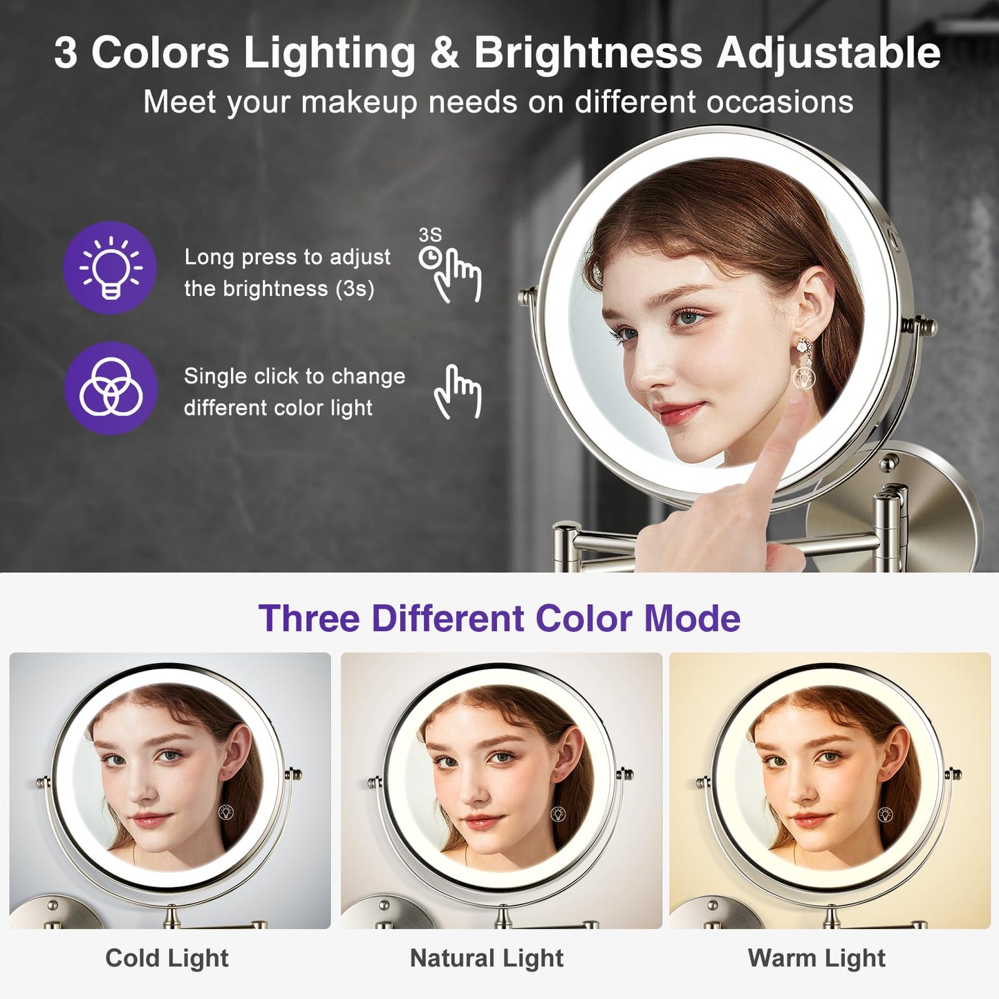 GREENFROM Magnifying Mirror with Lights 1x/15x: 8.5" Double Sided Wall Mounted Lighted Makeup Mirror for Bathroom, Brushed Nickel