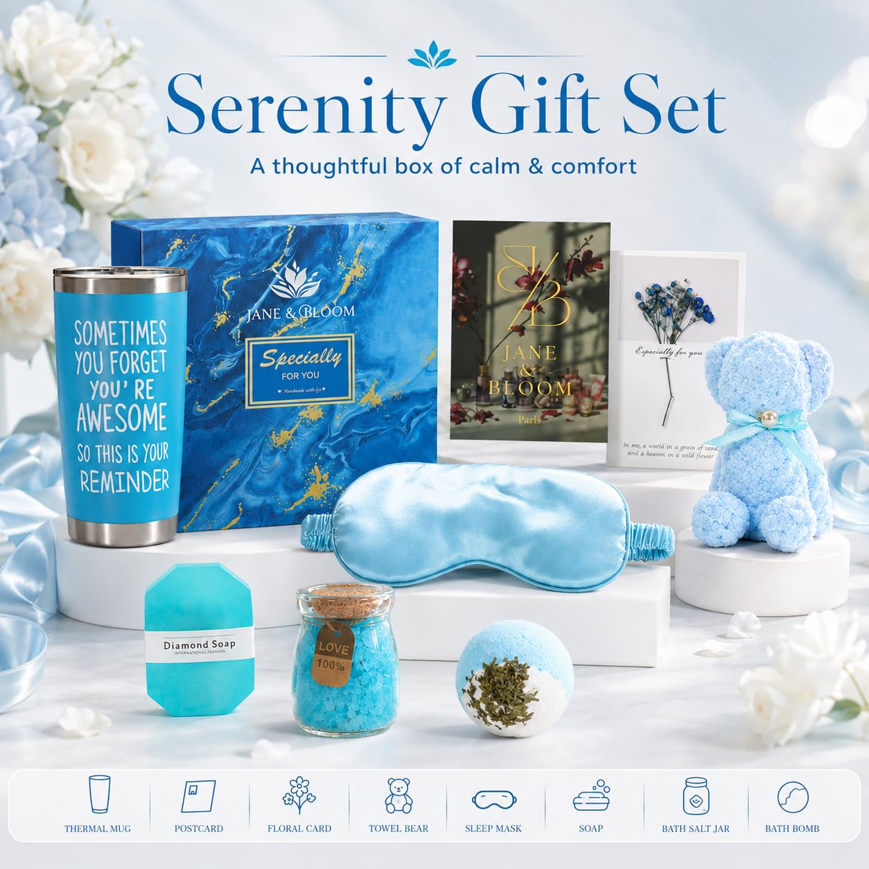 Spa Gift Box for Women - 7-Piece Self-Care Set with Bath Bombs, Diamond Soap & Gold Sleep Mask | Ocean Blue