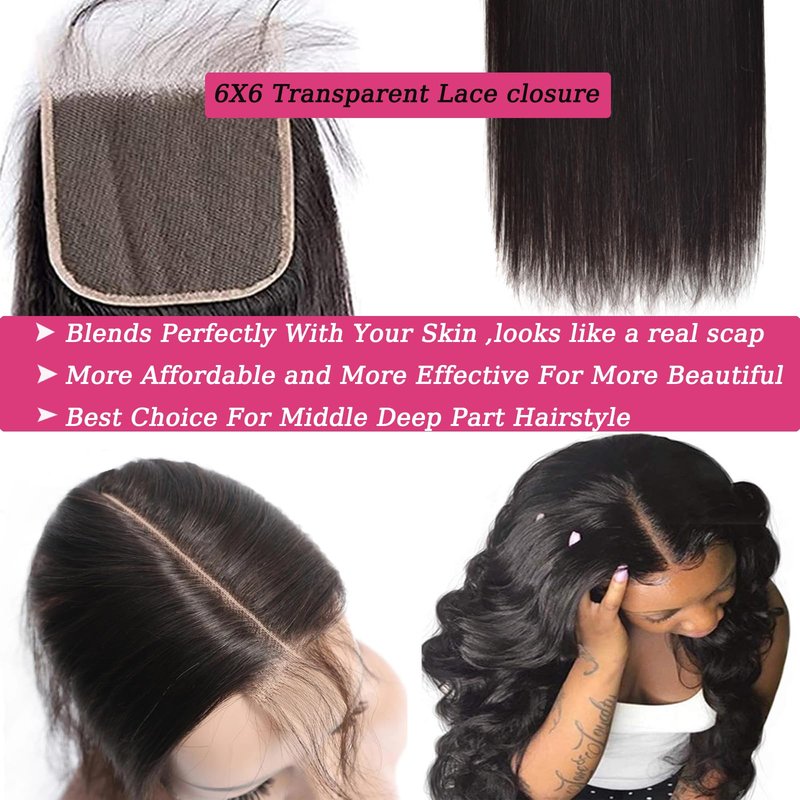 KAFEIER 6x6 Hd Lace Closure Front Brazilian Human Hair With Baby Hair Straight Wave Pre Plucked Lace Closure Free Part Bleached Knot Brazilian Virgin Hair Natural Color 12 inch