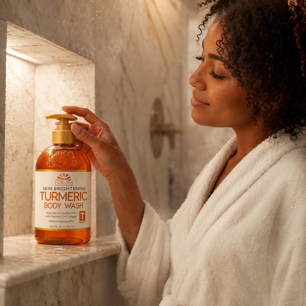OKAY Turmeric Skin Brightening Body Wash 20 oz – Vitamin C & Collagen Glow Cleanser for Dark Spots & Even Skin Tone