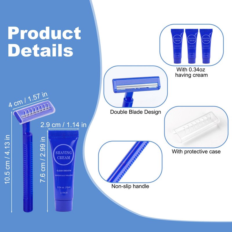 Disposable Razor Shaving Cream Set, Individually Wrapped Manual Twin Blade Shaving Razors in Bulk with Mini Smooth Shaving Cream Toiletries for Hotel Charity Camping Travel Homeless 0.34oz (100 Pack)