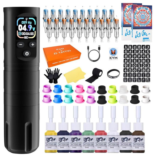 KVM Wireless OLED Tattoo Pen Kit Tattoo Gun Kit Cartridges Wireless Rotary Tattoo Gun Kit Includes 57 Tattoo Accessories Suitable for Tattoo Artists（Tattoo ink are for tattoo practice use only）
