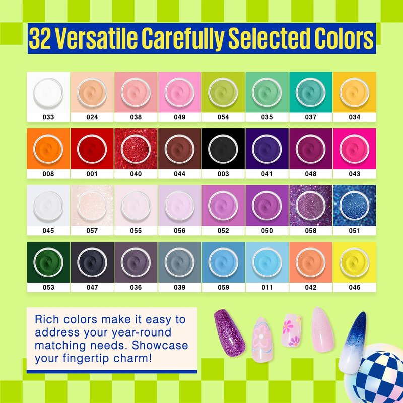 MEFA Dip Powder Nail Kit - 32 Vibrant Colors for Spring & Summer | Hot Pink, Pastel Violet, Neon Orange, Glitter & Shimmery Finishes