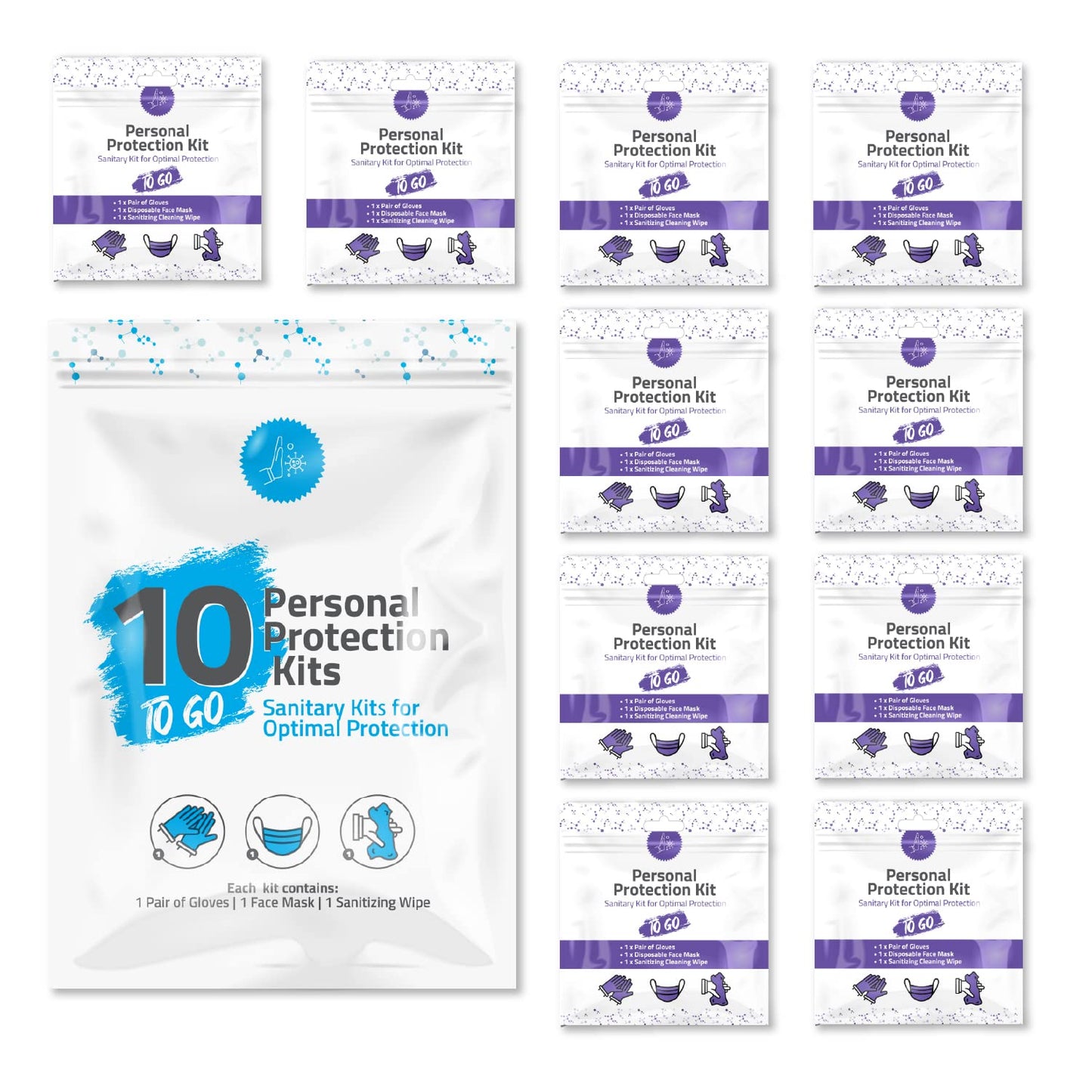 Personal Protection Kits – Mini 3 Item 10 PACK | Convenience on the Go | Individually wrapped pack for travelling | PPE Kit | Plastic Gloves, Hand Cleansing Wipes, Disposable Face Mask (Purple)