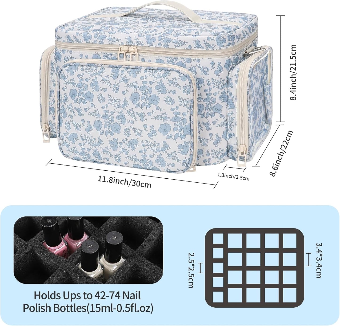 Nail Polish Organizer - Portable Storage for 42+ Bottles & Lamp | Travel Nail Kit Case - Blue Flower Design