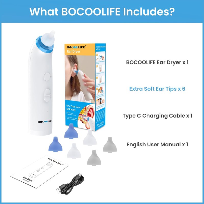 BOCOOLIFE Ear Dryer Ear Moisture Water Removal with 7 Ear Tips, Ear Drying Device, Electronic Warm Air Ear Water Remover for Swimmers, Showering, Water Sports, Surfing, Scuba Ear Dryer Machine