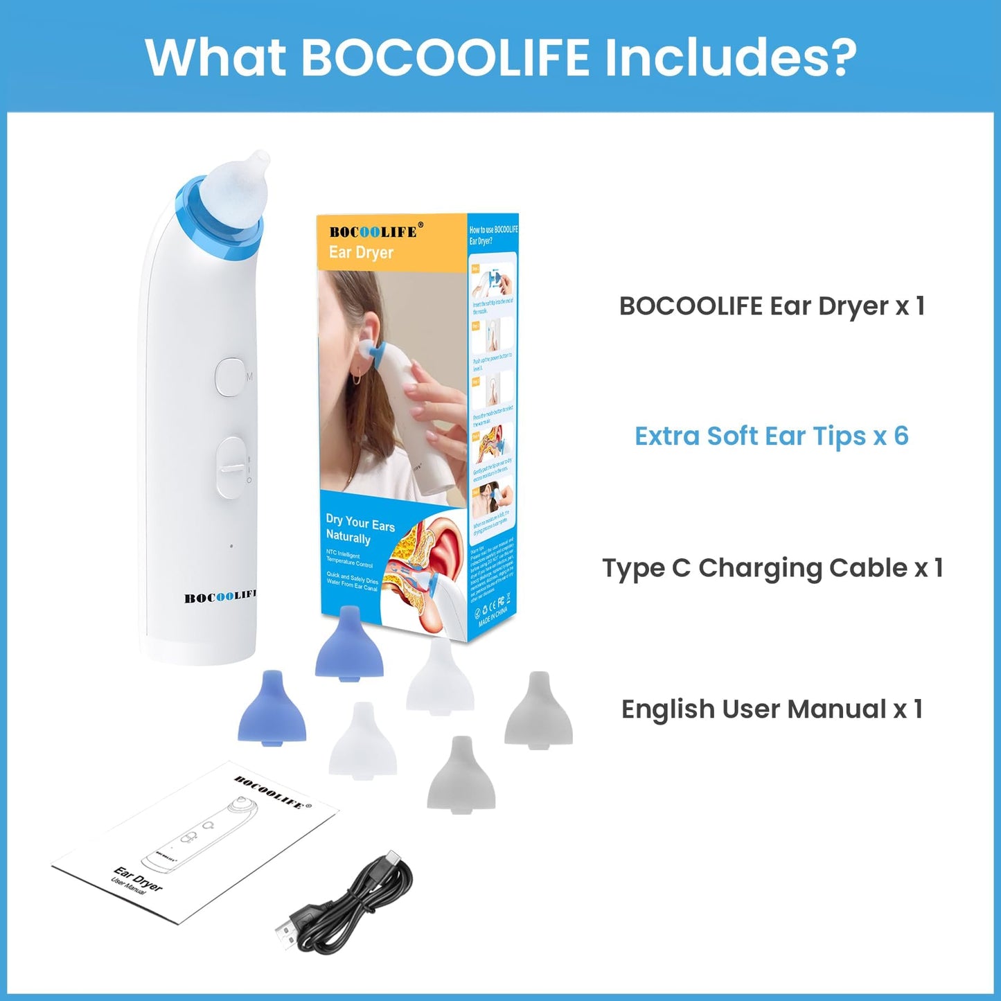 BOCOOLIFE Ear Dryer Ear Moisture Water Removal with 7 Ear Tips, Ear Drying Device, Electronic Warm Air Ear Water Remover for Swimmers, Showering, Water Sports, Surfing, Scuba Ear Dryer Machine