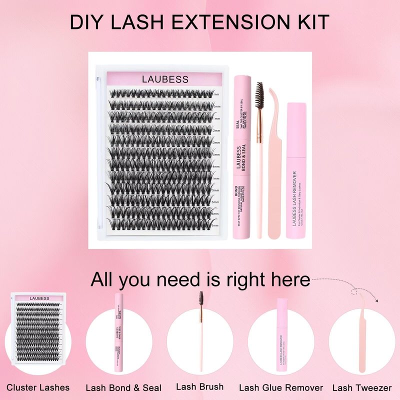 Lash Extension Kit 40D Clusters With Bond, Seal, Remover, Tweezers, Brush - DIY Individual Eyelashes Waterproof Set (40D-0.07D-9-16Mix)