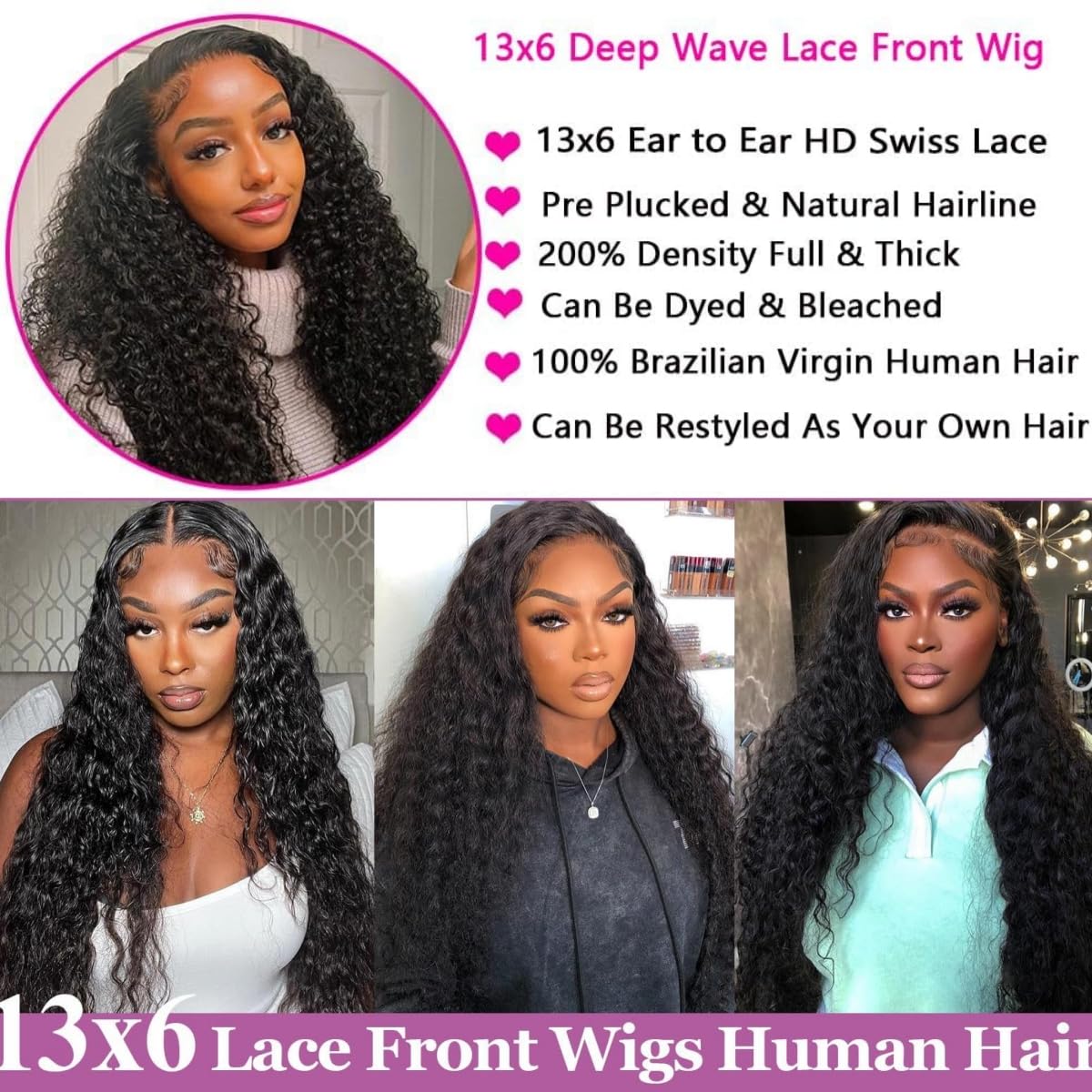 BEEKERKER 13x6 Deep Wave Lace Front Wigs Human Hair 220 Density HD Transparent Pre Plucked Deep Curly Frontal Wigs Human Hair for Women Natural Black 22 Inch