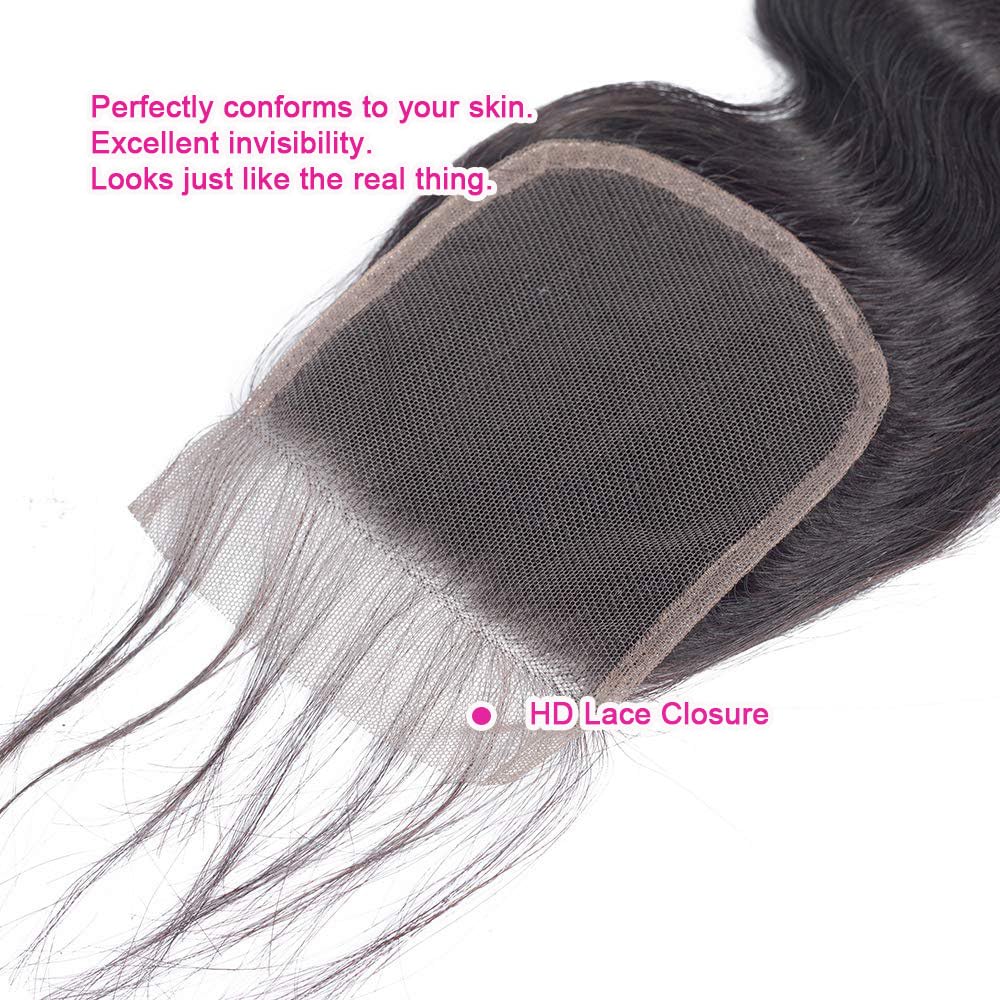 4x4 Human Hair Lace Closure Body Wave HD Lace Closure 18 Inch Free Part 100% Unprocessed Brazilian Virgin Human Hair Closure Hd Transparent Closure 150% Density Pre Plucked Natural Black
