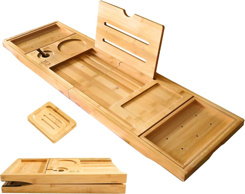 Foldable Bamboo Bathtub Caddy Tray - Expandable to 41 Inches | Non-Slip Pads & Book Stand for Couples