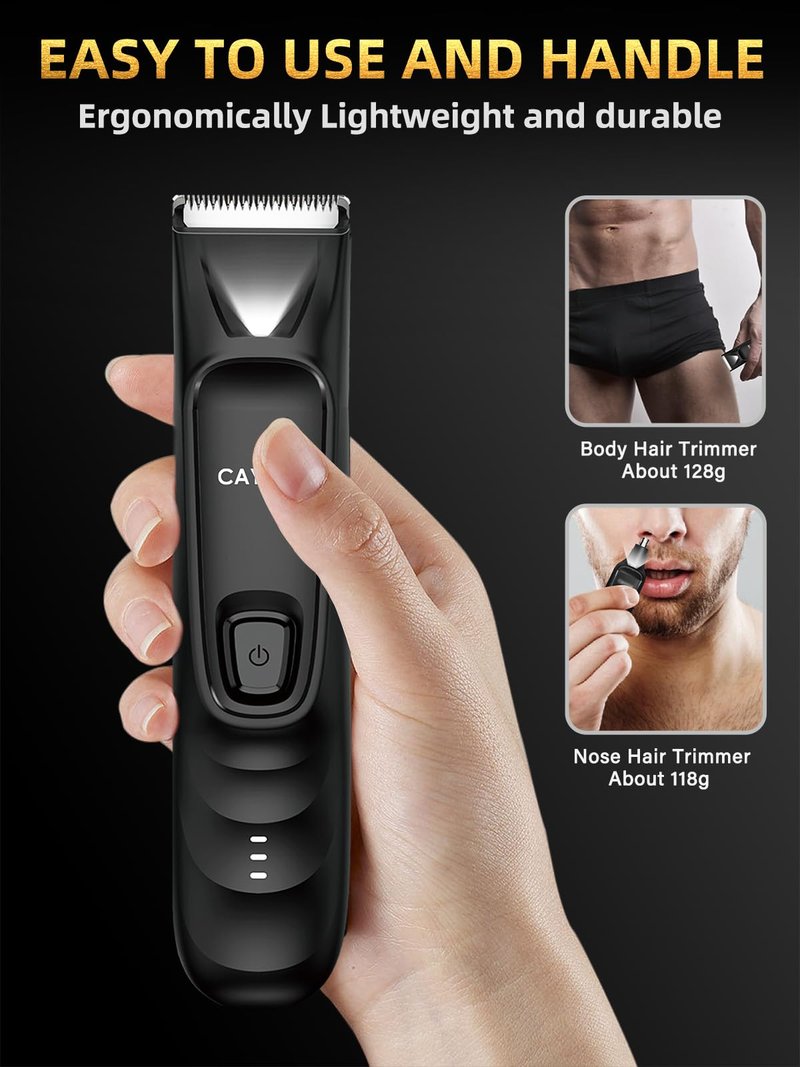 Cayzor 2-in-1 Body and Nose Hair Trimmer for Men - Safe Portable Electric Razor for Ball Groin with LED Light, IPX7 Professional Electric Shavers for Men Pubic, Underarm, Nose, Ear, Beard, Head