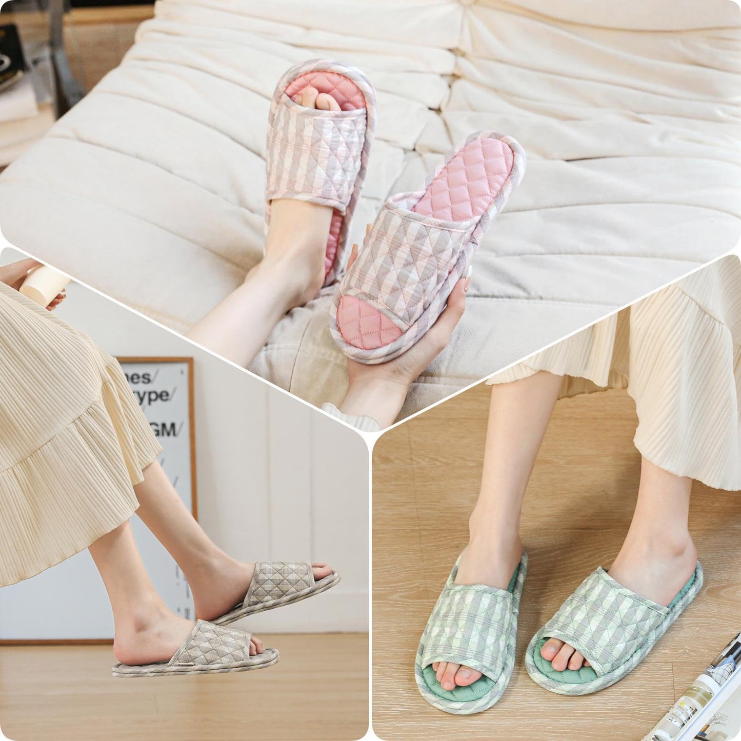 3 Pairs Floral Cotton House Slippers for Women, Open Toe Indoor Slippers Comfortable Washable Portable Foldable Guest Travel Hotel Airplane Spa Slippers (Light Stripes, 9-10.5, Adult, Women, 9, Numeric Range, US Footwear Size System, 10.5, Medium)