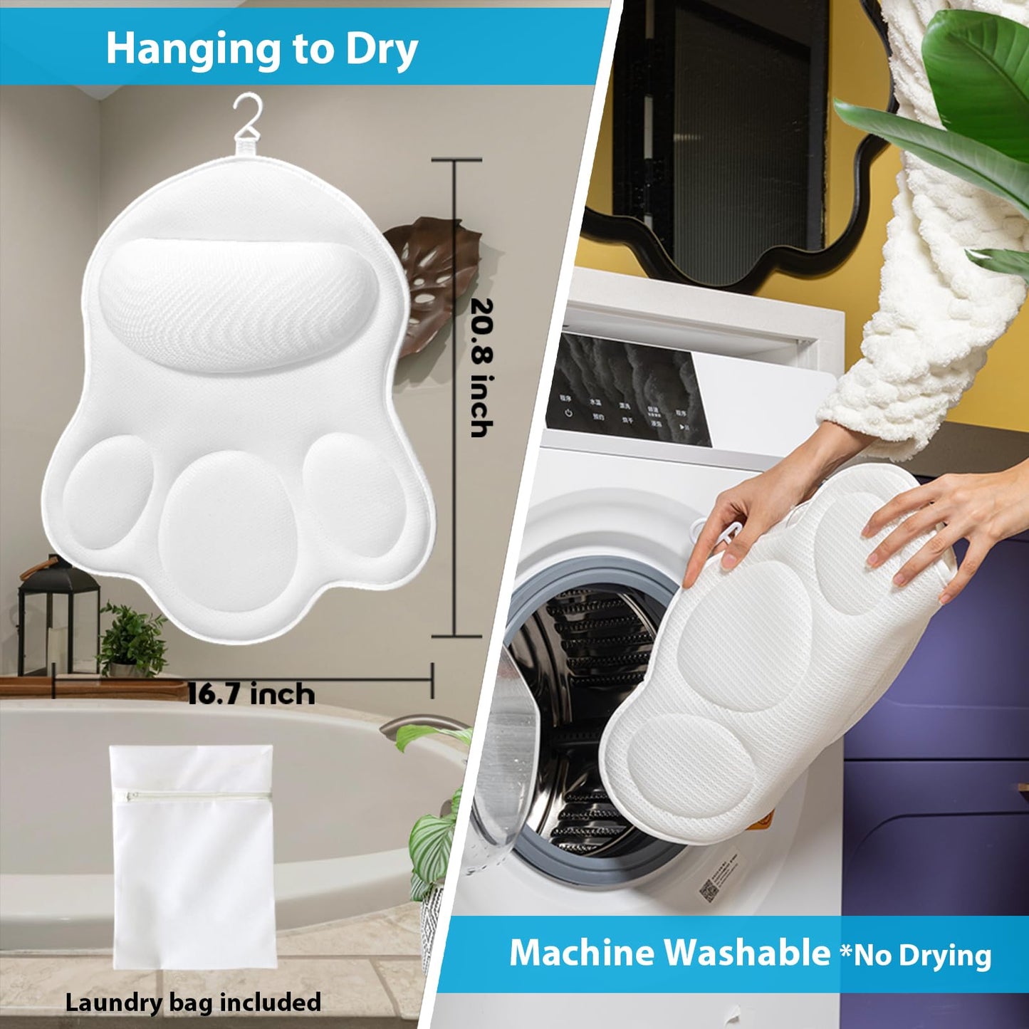JUSDOO Bath Pillows for Tub Neck and Back Support - Upgraded Non-Slip Rubber Backing & 6 Suction Cups, 4D Air Mesh Spa Bathtub Cushion for Head Rest, Machine Washable with Laundry Bag & Hook (Gray)