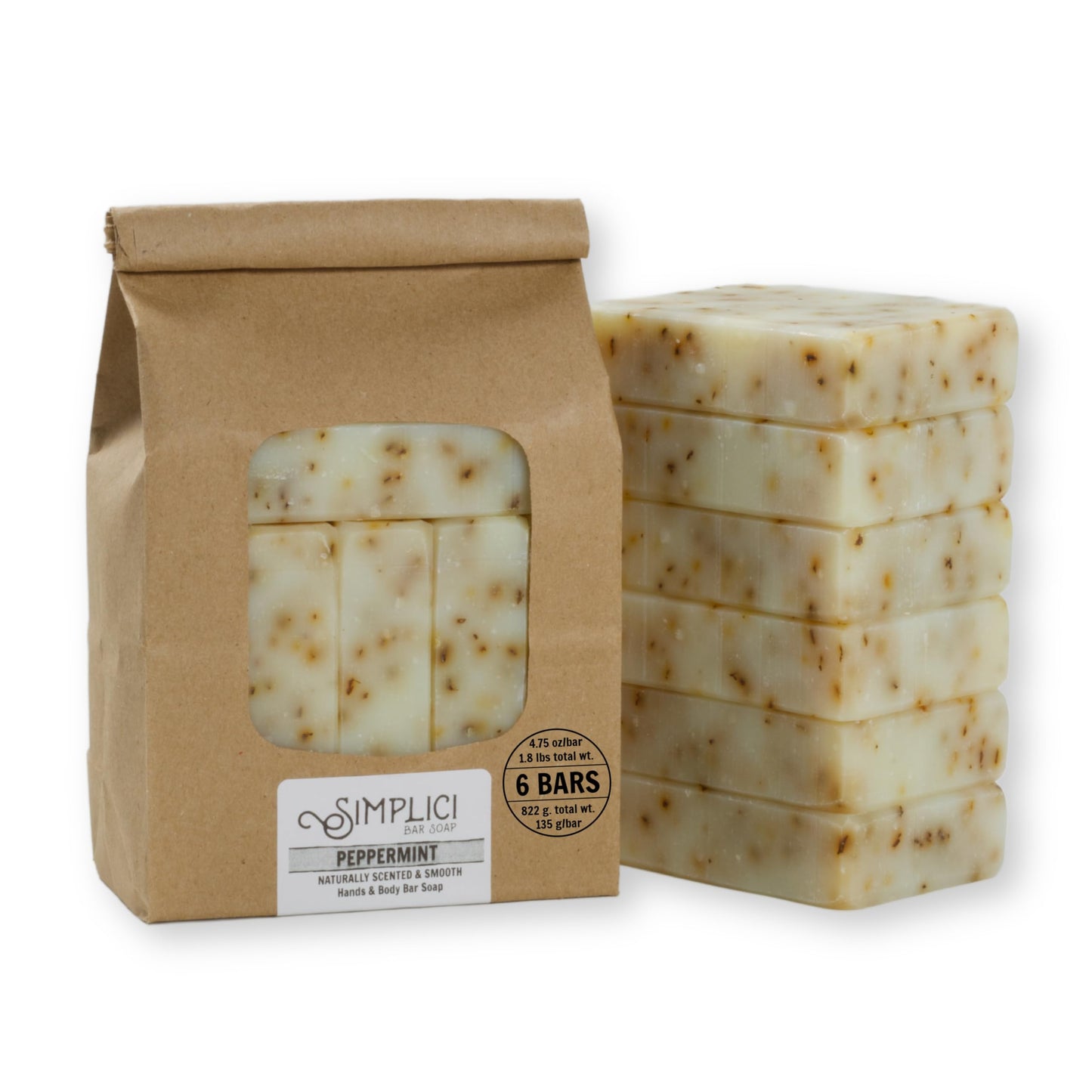 Simplici Peppermint Natural Soap (exfoliating + pure essential oils) 6 Bar Value Bag. Palm Free.