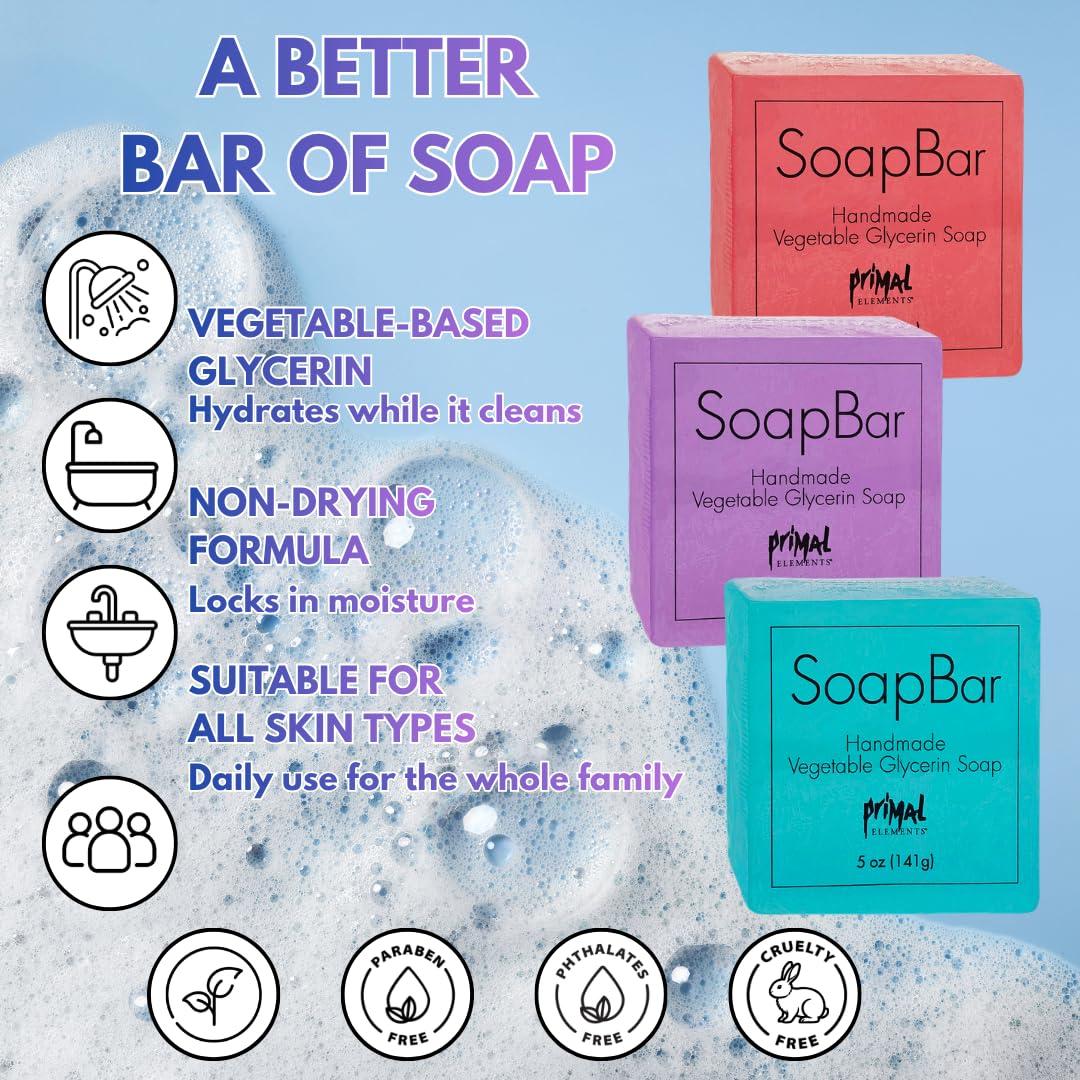 Primal Elements Vegetable-Based Glycerin Scented Soap Bars for Face and Body, Moisturizing and Cleansing, Unisex for Men and Women, Travel Size, Variety Pack - Set of 7