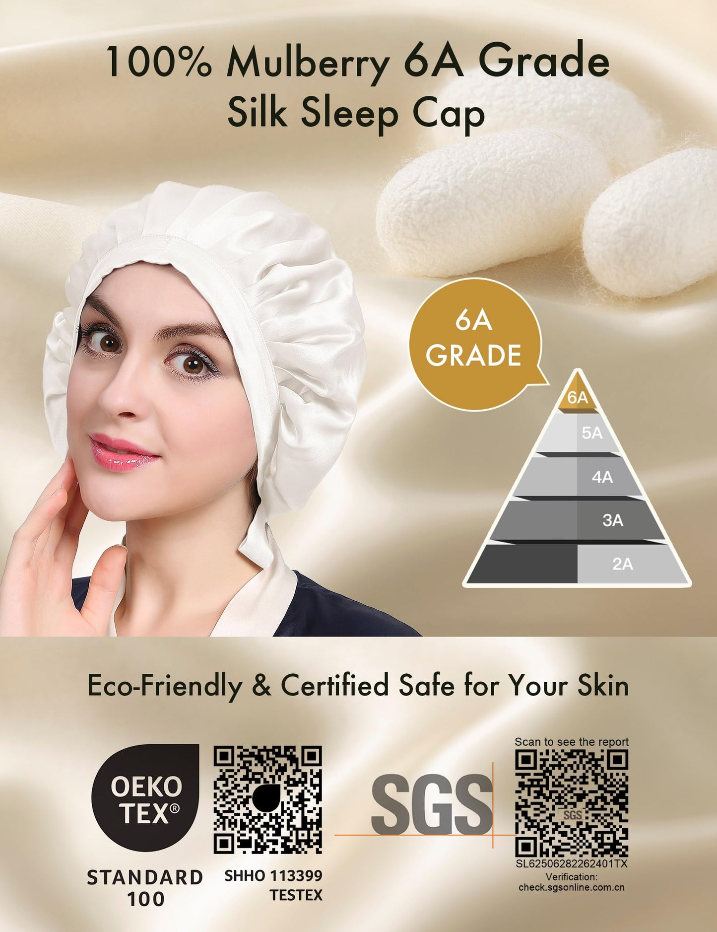 LILYSILK 100% Mulberry Silk Bonnet, 19 Momme Silk Night Sleep Cap Adjustable Hair Wrap for Sleeping, Ivory