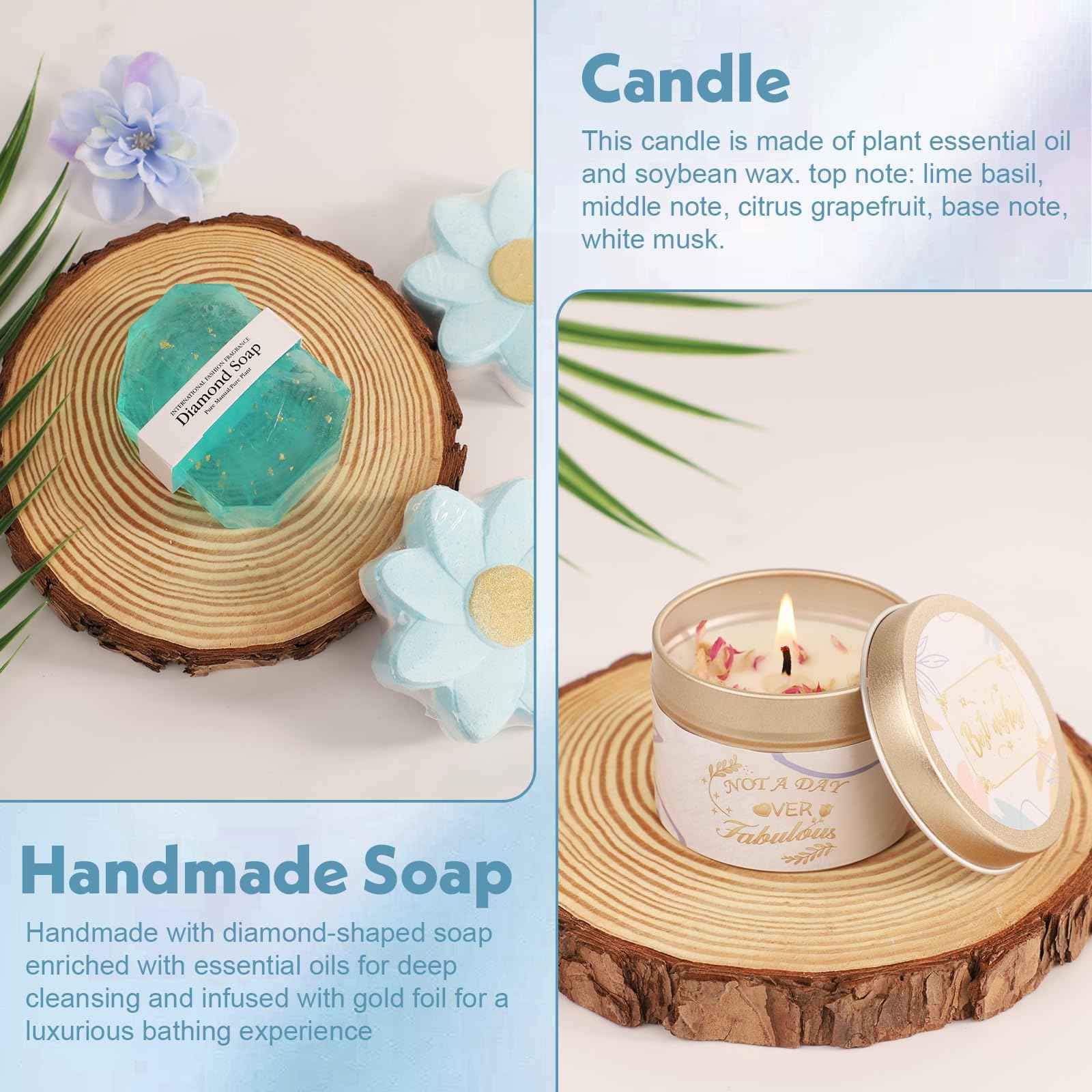 Luxury Spa Gift Basket for Women -Self Care Birthday Gifts Set with Bath Bombs,Bath Salts,Flannel Blanket&Soy Candle Relaxing Gifts for Wife,Mom,Best Friend,Her Perfect For Mother's Day(Blue)