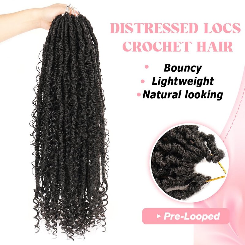 26 Inch Boho Butterfly Locs Crochet Hair 6 Packs Distressed Infinity Locs For Black Women Boho Crochet Braids Faux Locs Natural Hair Extension(26inch,1B)