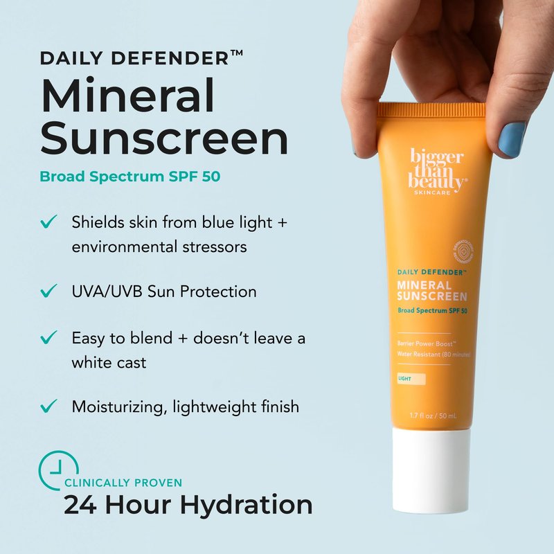 Bigger Than Beauty Skincare, Daily Defender Broad Spectrum SPF 50 Mineral Sunscreen with Hyaluronic Acid, Vitamin C & Niacinamide (as Vitamin B3), Lightweight UVA & UVB Protection, Skin Care, Untinted