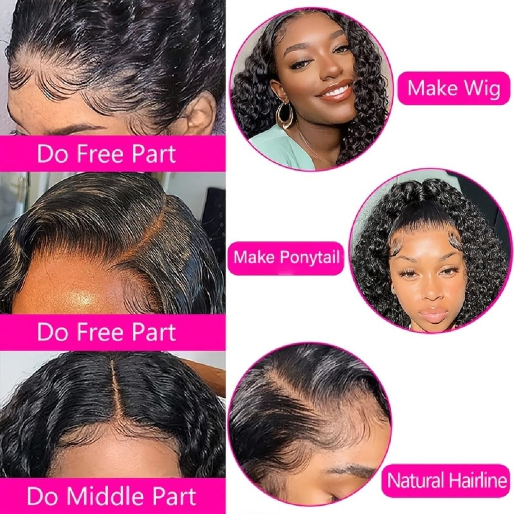 13x4 HD Lace Frontal Closure Deep Wave 14 Inch Pre Plucked Ear To Ear Frontal Free Part Closure with Baby Hair Brazilian Virgin Curly Human Hair for Women Natural Black
