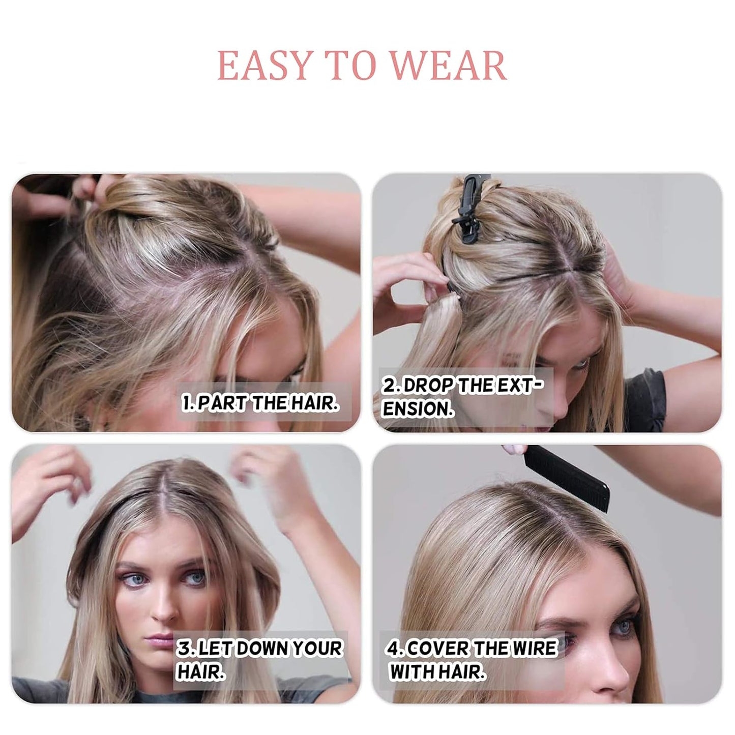 Real Human Hair Wire Extensions - 14 Inch Bleach Blonde Straight Hair | 80g Invisible Fish Line