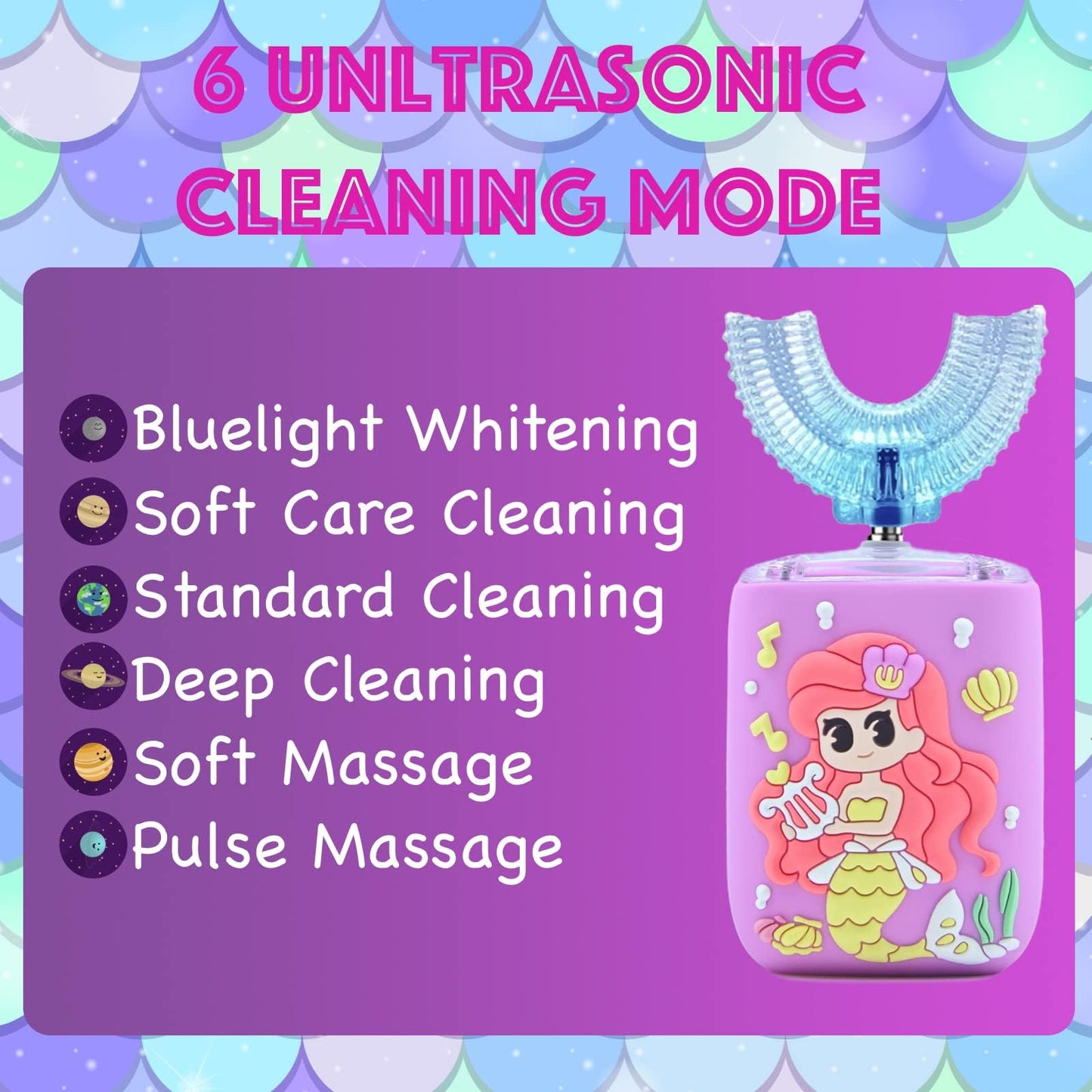 Geacker Kids Electric Toothbrush, U Shaped Toothbrush Kids Sonic Automatic Brush with 5 Brush Head 6 Sonic Clean Modes IPX7 Waterproof Mermaid Design Rechargeable Smart Timer for Children 2-7