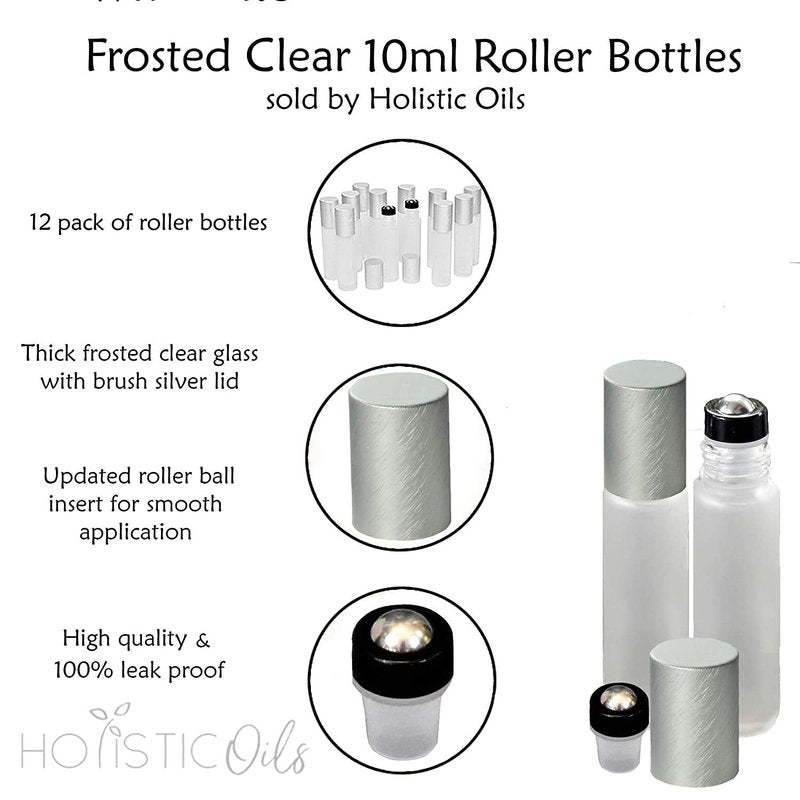 12-Pack Frosted Clear Glass Roller Bottles with Brushed Silver Leakproof Caps – Premium Quality Empty Roll-On Bottles for Essential Oils, Perfumes, Serums, DIY Aromatherapy & Beauty Products