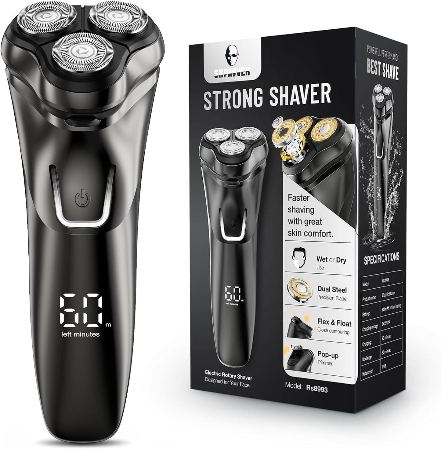 Premium Men's Electric Razor: Cordless Wet/Dry Rotary Shaving, Gentle on Sensitive Skin, USB Fast Charging & Precision Trimmer, Upgraded Chic Black Finish