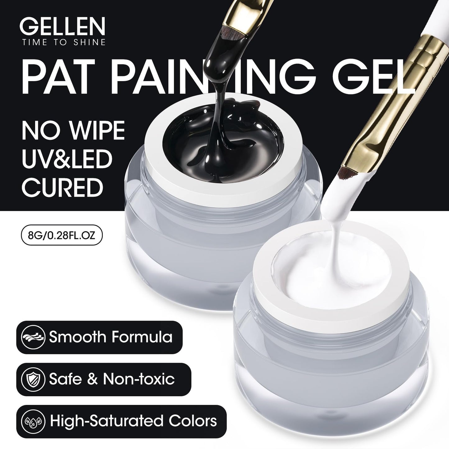 GELLEN Nail Painting Gel, 2Pcs 8G Black & White, No Wipe Pat Painting