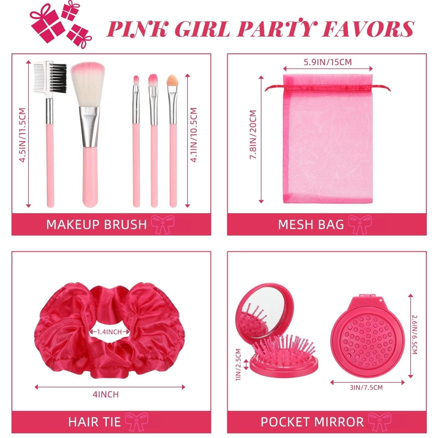 SiliFine Pink Girl Party Favors Girl Makeup Party Favor Party Supplies Set Includes Pink Gauze Bags, Hair Scrunchies, Foldable Mirror Hair Brushes, Makeup Brushes Toys(48 Pcs)