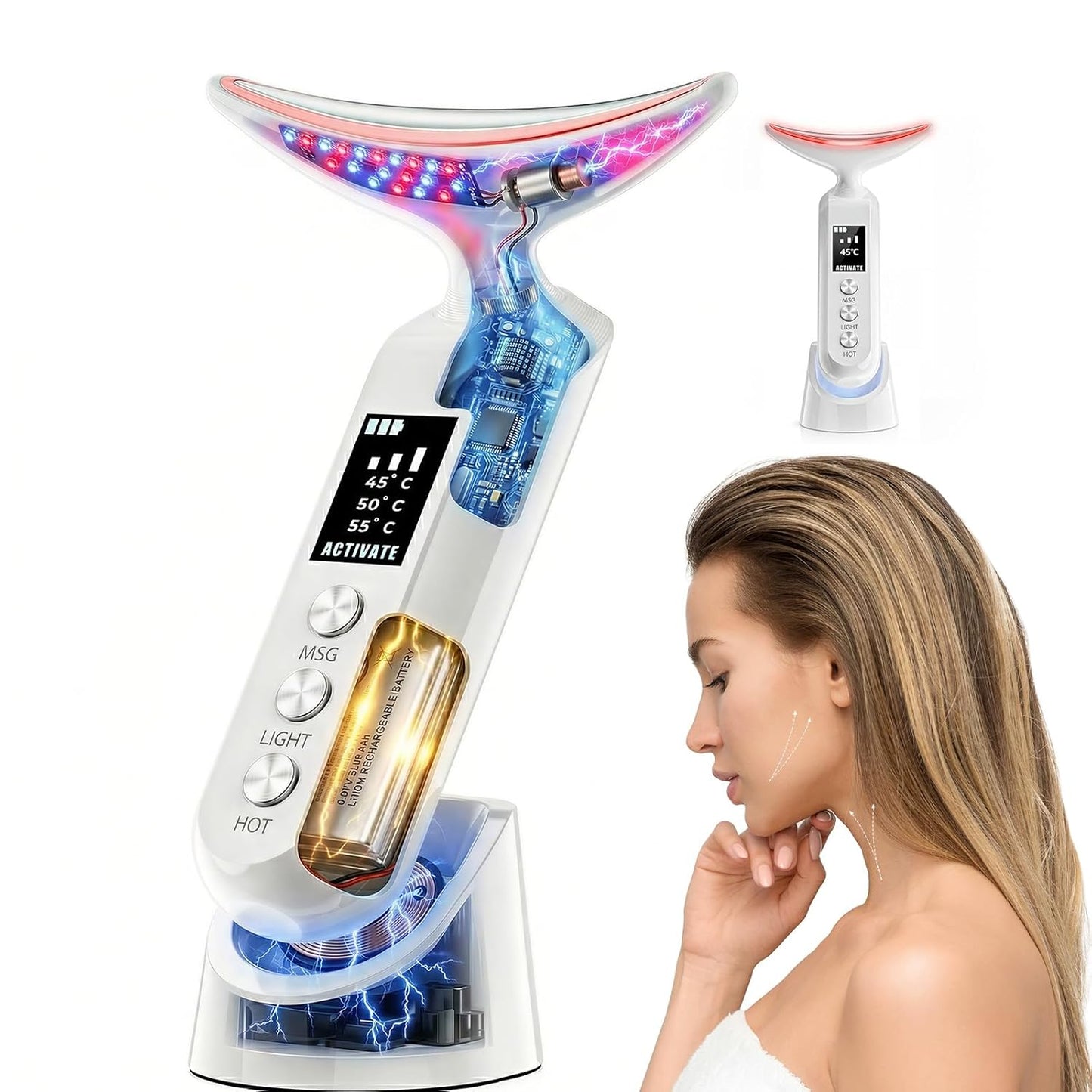 LED Face Massager - 9-Color Facial Device for Neck Wrinkles | Vibration Tool for Skin Care, White