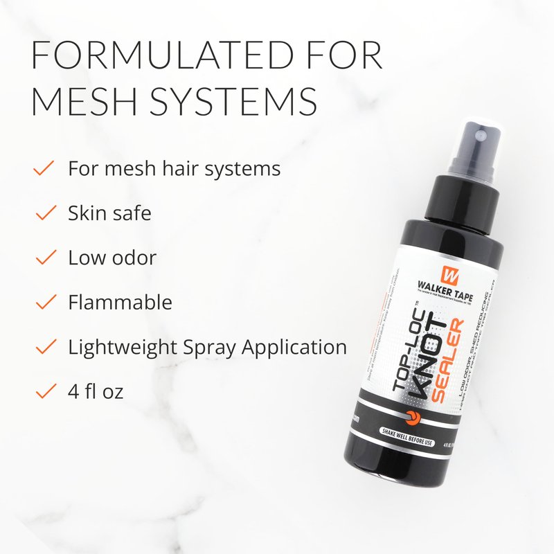 Walker Tape Top-Loc Knot Sealer Spray 4 fl oz, Mesh System Protector for Delicate Knots, Reduces Shedding and Extends Hairpiece Life, Professional Treatment for Lace Wigs Human Hair and Toupee Bases